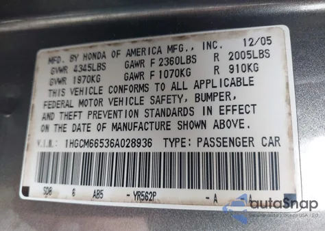 2006 Honda Accord 3.0 Ex from USA, damaged, VIN 1HGCM66536A028936